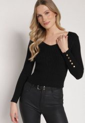 Czarny Sweter z Wiskozą z Prążkowanego Materiału z Metaliczną Nitką i Guzikami Lianodia. Czarne swetry nierozpinane damskie Born2be, s, bez wzorów, z jeansu, eleganckie, bez kołnierzyka, bez ramiączek. Za 79.99 zł.