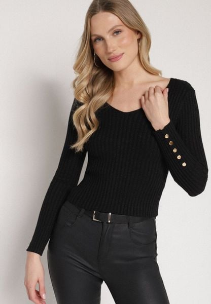 Czarny Sweter z Wiskozą z Prążkowanego Materiału z Metaliczną Nitką i Guzikami Lianodia. Czarne swetry nierozpinane damskie Born2be, s, bez wzorów, z jeansu, eleganckie, bez kołnierzyka, bez ramiączek. Za 79.99 zł.