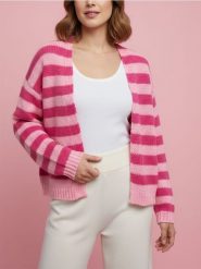 Kardigan w paski - różowy. Czerwone kardigany damskie Sinsay, l, bez wzorów, bez kołnierzyka. Za 49.99 zł.