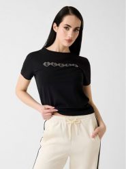 Guess T-Shirt V6YI08 K4689 Czarny Regular Fit. Czarne t-shirty damskie Guess, xs, z aplikacjami, z bawełny, bez kołnierzyka, bez ramiączek. Za 174.99 zł.