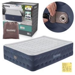 Materac dmuchany dwuosobowy Bestway Premium łóżko do spania z pompką 230V. Niebieskie piżamy męskie BESTWAY, m, bez wzorów, z materiału, bez kołnierzyka, bez ramiączek. Za 283.99 zł.