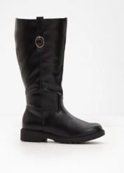 Kozaki z szeroką cholewką. Czarne kozaki damskie bonprix, bez wzorów, bez obcasa, bez zapięcia. Za 169.99 zł.