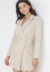 Jasnobeżowa Sukienka Ionitheme. Brązowe sukienki damskie Born2be, l, bez wzorów, eleganckie, bez kołnierzyka, bez ramiączek, mini, kopertowe. Za 99.99 zł.