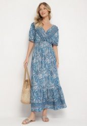 Niebieska Bawełniana Sukienka o Rozkloszowanym Kroju we Wzór Paisley Folurelle. Niebieskie sukienki damskie Born2be, na spotkanie biznesowe, l, bez wzorów, z bawełny, eleganckie, bez kołnierzyka, bez ramiączek, maxi, rozkloszowane. Za 54.99 zł.