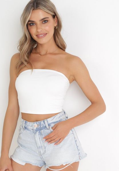 Biały Dopasowany Top z Gumką na Plecach Arohia. Białe topy damskie Born2be, l, bez wzorów, bez kołnierzyka, bez ramiączek. Za 49.99 zł.