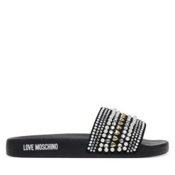 Klapki LOVE MOSCHINO. Czarne klapki damskie Love Moschino, bez wzorów, bez obcasa, bez zapięcia. Za 569.99 zł.