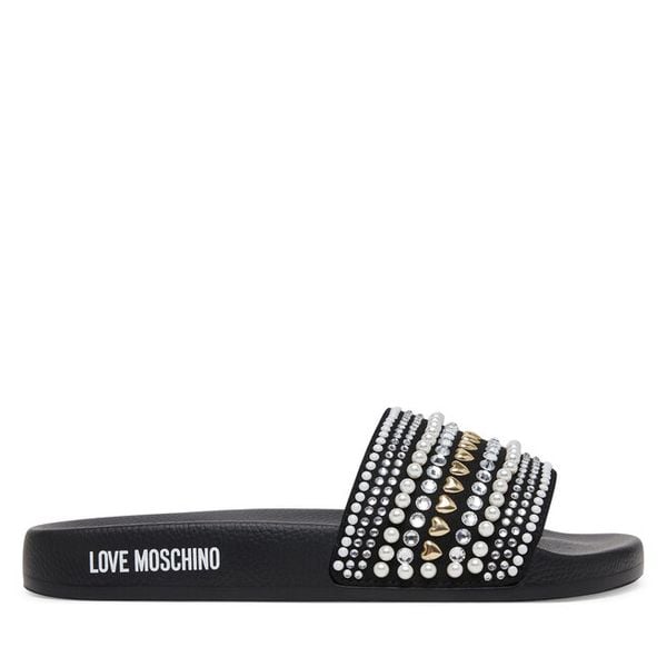 Klapki LOVE MOSCHINO. Czarne klapki damskie Love Moschino, bez wzorów, bez obcasa, bez zapięcia. Za 569.99 zł.