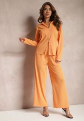 Pomarańczowy Komplet Casualowy Szerokie Spodnie z Gumką w Pasie i Koszula Sansia. Brązowe koszule damskie Renee, m, bez wzorów, eleganckie, bez kołnierzyka, bez ramiączek. Za 99.99 zł.