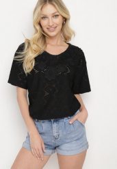 Czarny Klasyczny Ażurowy T-shirt z Krótkim Rękawem Ninnia. Czarne t-shirty damskie Born2be, xl, w ażurowe wzory, z jeansu, biznesowe, bez kołnierzyka, bez ramiączek. Za 34.99 zł.