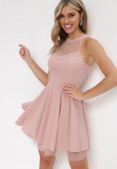 Różowa Rozkloszowana Sukienka Mini z Siateczką Philippina. Czerwone sukienki damskie Born2be, na imprezę, bez wzorów, z tiulu, bez kołnierzyka, bez ramiączek, mini, rozkloszowane. Za 99.99 zł.