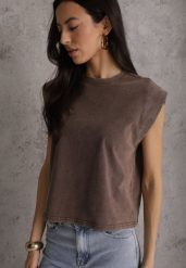 Brązowy Top z Bawełny w Stylu Grunge z Szeroką Linią Ramion Tezorea. Brązowe topy damskie Renee, m, bez wzorów, z bawełny, bez kołnierzyka, bez ramiączek. Za 79.99 zł.