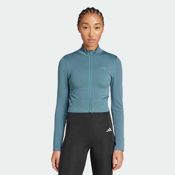 Bluza Workout Essentials Full-Zip Knit. Niebieskie bluzy damskie Adidas, m, bez wzorów, bez ramiączek, bez kaptura. W wyprzedaży za 142.35 zł.