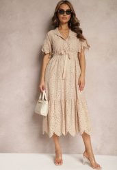 Beżowa Bawełniana Sukienka o Rozkloszowanym Kroju z Haftem z Guzikami i Gumką w Pasie Lovarae. Brązowe sukienki damskie Renee, l, bez wzorów, z bawełny, eleganckie, bez kołnierzyka, bez ramiączek, midi, rozkloszowane. Za 149.99 zł.