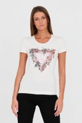 GUESS Biały t-shirt z logo. Białe t-shirty damskie Guess, s, z aplikacjami, z bawełny, bez kołnierzyka, bez ramiączek. W wyprzedaży za 184.99 zł.