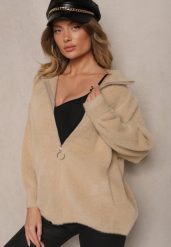 Beżowa Bluza z Wełną ze Ściągaczami i Kołnierzykiem Enadelis. Brązowe bluzy damskie Renee, bez wzorów, z wełny, eleganckie, bez ramiączek, bez kaptura. Za 139.99 zł.