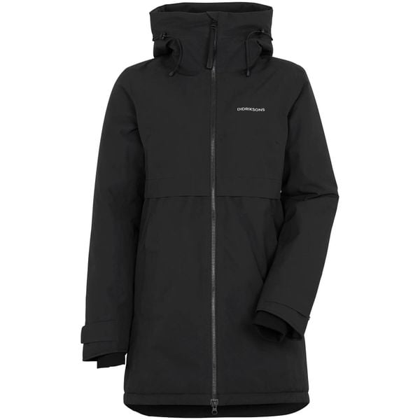 Płaszcz damski Didriksons Helle Parka 5. Czarne parki damskie Didriksons, m, bez wzorów, z materiału, eleganckie, bez kołnierzyka, bez kaptura. Za 692.50 zł.