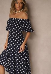 Granatowa Sukienka Hiszpanka Vices w Kropki o Rozkloszowanym Kroju Zilua. Niebieskie sukienki damskie Renee, na spotkanie biznesowe, l, bez wzorów, z materiału, retro, bez kołnierzyka, bez ramiączek, midi, rozkloszowane. Za 119.99 zł.