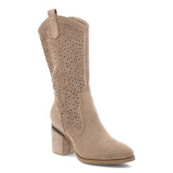 Beżowe Kozaki S.Barski Eleganckie Obuwie Damskie. Brązowe kozaki damskie S.BARSKI, w ażurowe wzory, bez obcasa, na obcasie, bez zapięcia. Za 169.99 zł.