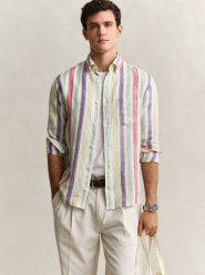 Gant koszula lniana Mężczyźni Regular Fit len wielokolorowy, XL. Koszule męskie GANT, m, bez wzorów, ze lnu, bez kołnierzyka, bez ramiączek. Za 479.95 zł.