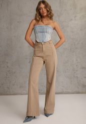 Beżowe Bawełniane Jeansy High Waist Wide Leg z Pionowymi Przeszyciami Ethemithea. Brązowe jeansy damskie Renee, bez wzorów, z bawełny, rockowe, z podwyższonym stanem. Za 129.99 zł.