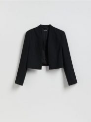 Krótka marynarka - czarny. Czarne marynarki i żakiety damskie Reserved, bez wzorów, z tkaniny, bez kołnierzyka, bez ramiączek. Za 169.99 zł.