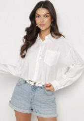 Biała Wiskozowa Koszula Ozdobiona Kieszonką Dovesse. Białe koszule damskie Born2be, m, bez wzorów, z jeansu, eleganckie, bez kołnierzyka, bez ramiączek. Za 69.99 zł.