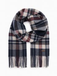 Męski szalik z frędzlami w szkocką kratę – granatowo-kremowy V3. Niebieskie szaliki męskie Ombre Clothing, bez wzorów, z materiału. Za 109.99 zł.