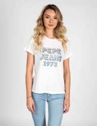 Pepe Jeans T-Shirt "Bibiana" | PL504817 | Bibiana | Kobieta | Biały. Białe t-shirty damskie Pepe Jeans, l, bez wzorów, z bawełny, bez kołnierzyka, bez ramiączek. W wyprzedaży za 99.00 zł.