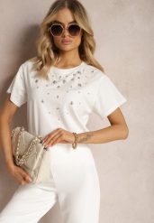 Biały T-shirt z Bawełny Ozdobiony Cyrkoniami Askadia. Białe t-shirty damskie Renee, m, bez wzorów, z bawełny, glamour, bez kołnierzyka, bez ramiączek. Za 99.99 zł.