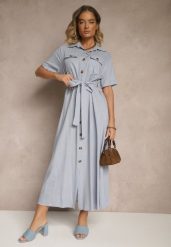 Niebieska Sukienka z Lnu i Wiskozy o Koszulowym Fasonie Weolara. Niebieskie sukienki damskie Renee, na spotkanie biznesowe, na lato, l, bez wzorów, z materiału, eleganckie, bez kołnierzyka, bez ramiączek, maxi, dopasowane. Za 99.99 zł.