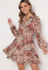 Beżowo-Pomarańczowa Sukienka Mini Rozkloszowana we Wzór Paisley z Materiałowym Paskiem Lirit. Brązowe sukienki damskie Born2be, na lato, l, bez wzorów, z materiału, bez kołnierzyka, bez ramiączek, mini, rozkloszowane. Za 79.99 zł.