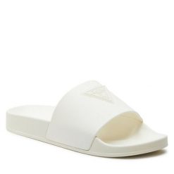 Klapki Guess. Białe klapki damskie Guess, z aplikacjami, bez obcasa, bez zapięcia. Za 139.99 zł.