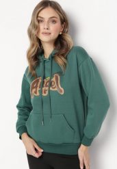 Ciemnozielona Bluza Ocieplona z Kapturem i Nadrukiem Wesa. Zielone bluzy damskie Born2be, l, bez wzorów, z jeansu, casualowe, bez ramiączek, z kapturem. Za 84.99 zł.