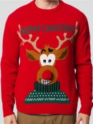 Sweter świąteczny - czerwony. Czerwone swetry męskie Sinsay, l, bez wzorów, wizytowe, bez kołnierzyka, bez ramiączek. Za 59.99 zł.