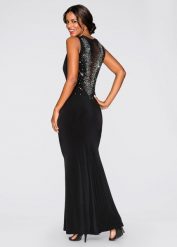 Sukienka maxi ze sztrasami w dekolcie z tyłu. Czarne sukienki damskie bonprix, bez wzorów, z dżerseju, eleganckie, bez kołnierzyka, bez ramiączek, maxi. Za 289.99 zł.