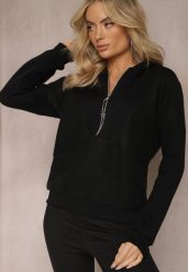 Czarna Bawełniana Bluza z Suwakiem i Kapturem Irise. Czarne bluzy damskie Renee, bez wzorów, z bawełny, casualowe, bez ramiączek, z kapturem. Za 79.99 zł.