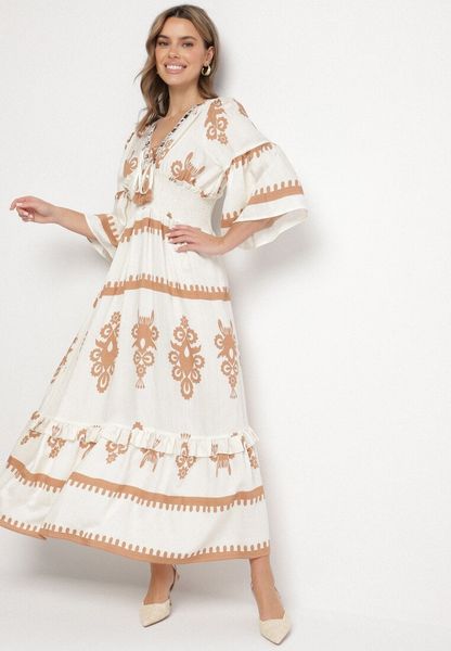 Beżowa Sukienka Boho z Wiskozą w Etniczny Wzór z Szeroką Gumką w Pasie Efanielis. Brązowe sukienki damskie Born2be, na co dzień, na lato, m, z aplikacjami, z wiskozy, boho, bez kołnierzyka, bez ramiączek, maxi, rozkloszowane. Za 159.99 zł.