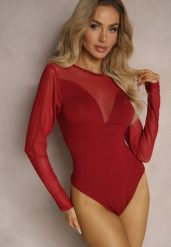 Bordowe Wiskozowe Body z Transparentnymi Wstawkami i Zapięciem na Haftki Maivia. Czerwone body Renee, bez wzorów, z jeansu. Za 49.99 zł.