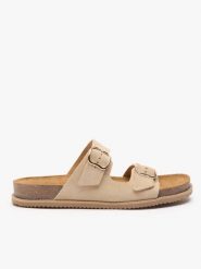 Piaskowe klapki z dwoma paskami. Brązowe klapki damskie Ryłko, na lato, bez wzorów, ze skóry, eleganckie, z okrągłym noskiem, bez obcasa, na płaskiej podeszwie, bez zapięcia. Za 379.99 zł.