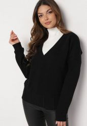 Czarna Bawełniana Bluza z Dekoltem w Serek Gitra. Czarne bluzy damskie Born2be, bez wzorów, z bawełny, casualowe, bez ramiączek, bez kaptura. Za 89.99 zł.