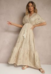 Beżowa Wiskozowa Sukienka Boho o Kopertowym Kroju z Metalicznym Haftem Redeselle. Brązowe sukienki damskie Renee, na co dzień, m, z aplikacjami, z wiskozy, boho, bez kołnierzyka, bez ramiączek, maxi, kopertowe. Za 84.99 zł.