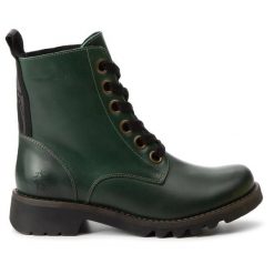 Trzewiki Fly London. Zielone botki damskie Fly London, bez wzorów, bez obcasa, na płaskiej podeszwie, bez zapięcia. Za 459.99 zł.