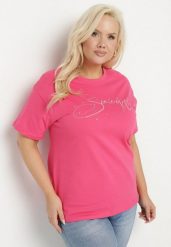 Różowy Bawełniany T-shirt z Ozdobnym Napisem i Cyrkoniami Olisandra. Czerwone t-shirty damskie Born2be, plus size, z aplikacjami, z bawełny, klasyczne, bez kołnierzyka, bez ramiączek. Za 44.99 zł.
