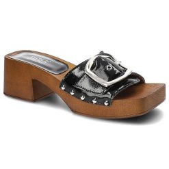 Czarne Klapki Simen Modne Buty Na Lato. Czarne klapki damskie Simen, na lato, bez wzorów, z lakierowanej skóry, retro, bez obcasa, na obcasie, bez zapięcia. Za 195.00 zł.