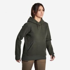 Bluza damska z kapturem. Zielone bluzy damskie SOLOGNAC, na jesień, m, bez wzorów, z materiału, klasyczne, bez ramiączek, z kapturem. Za 169.99 zł.