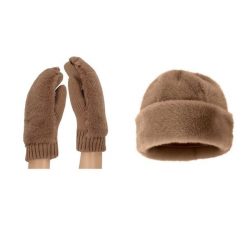 Damskie rękawiczki Teddy i czapka puchowa, rozmiar uniwersalny, kolor taupe. Brązowe czapki damskie Sarlini, na zimę, bez wzorów, z materiału, eleganckie. Za 186.35 zł.