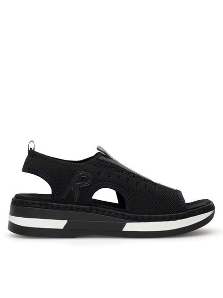 Rieker Sandały V59B5-00 Czarny. Czarne sandały damskie Rieker, bez wzorów, z materiału, bez obcasa, na koturnie, bez zapięcia. Za 255.99 zł.