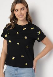Czarny T-shirt z Bawełny Ozdobiony Haftem Hiraviel. Czarne t-shirty damskie Born2be, m, bez wzorów, z bawełny, bez kołnierzyka, bez ramiączek. Za 84.99 zł.