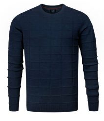 Męski Sweter Pako Jeans - Tłoczona Struktura Materiału - Granatowy. Niebieskie swetry męskie Pako Jeans, l, bez wzorów, z bawełny, eleganckie, bez kołnierzyka, bez ramiączek. Za 169.00 zł.