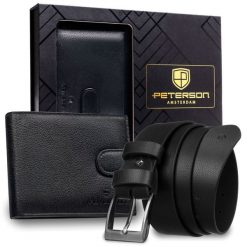 Zestaw prezentowy: skórzany, poziomy portfel męski w czarnym kolorze z systemem RFID i pasek ze skóry ekologicznej - Peterson. Czarne portfele męskie Peterson, bez wzorów, ze skóry ekologicznej. Za 109.00 zł.